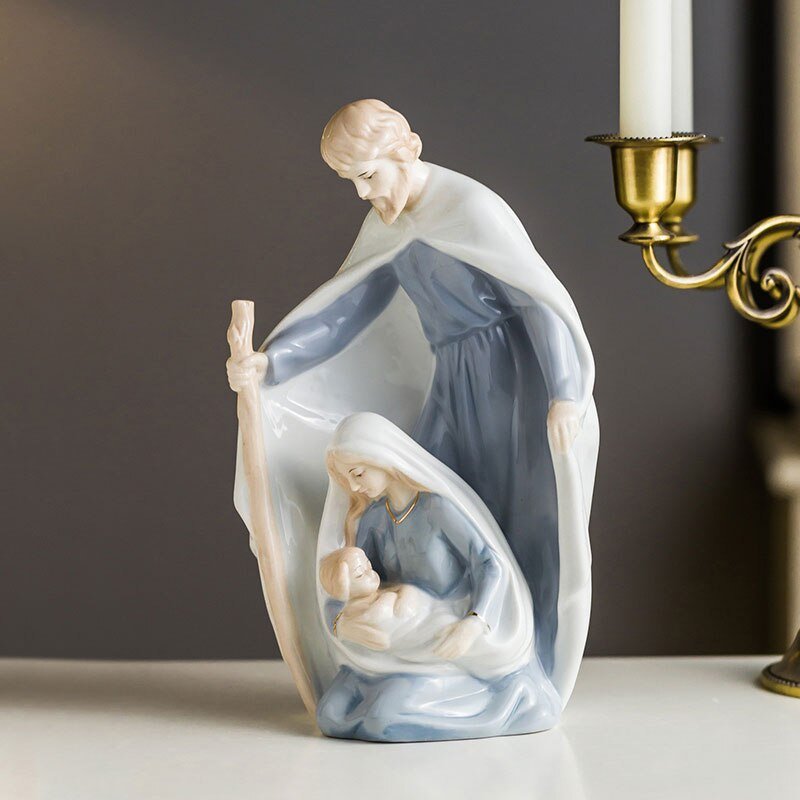 Blue White Ceramic Holy Family Nativity Scene Elegant Christmas Gift